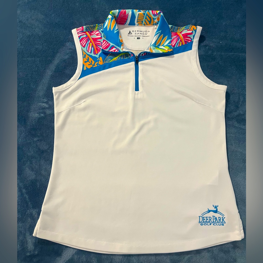 Bermuda Sands White Golf Polo Sleeveless
with Colorful Floral Collar Sz SM